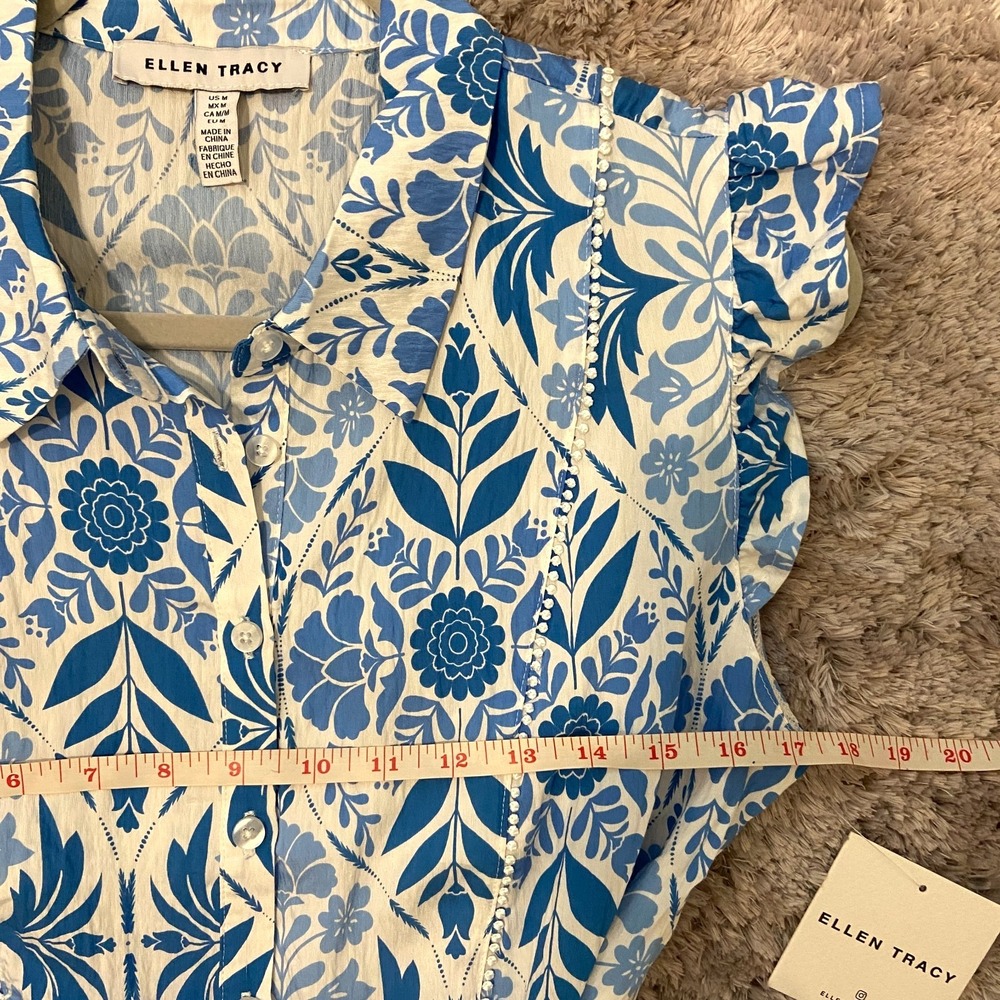NWT Ellen Tracy Blue Vintage Floral Fit & Flare Dress Cap Sleeve Button Front M - Picture 16 of 16